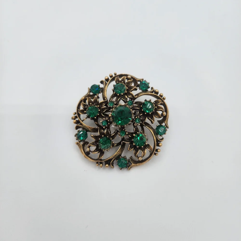 Coro Green and Gold Floral Brooch